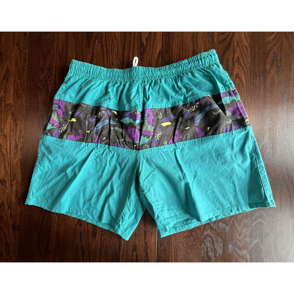 Vintage Islander Teal 90s Retro Print Swim Trunks Mens Large 7 inseam